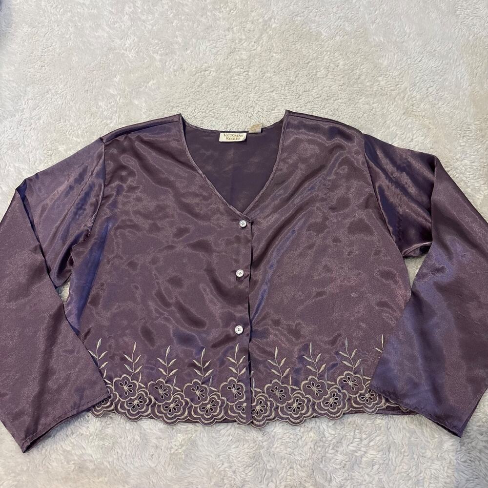 VTG Victoria’s Secret Gold Label Satin Pajama Top Purple Embroidered L Cottage